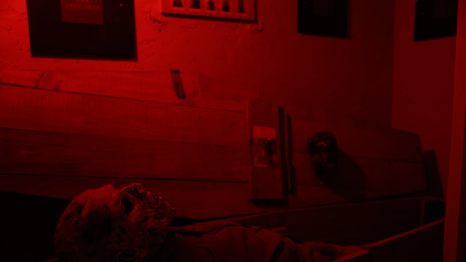 Unutrašnjost Resident Evil escape room sobe sa figurom u kovcegu, slikama na zidu i crvenim osvetljenjem.